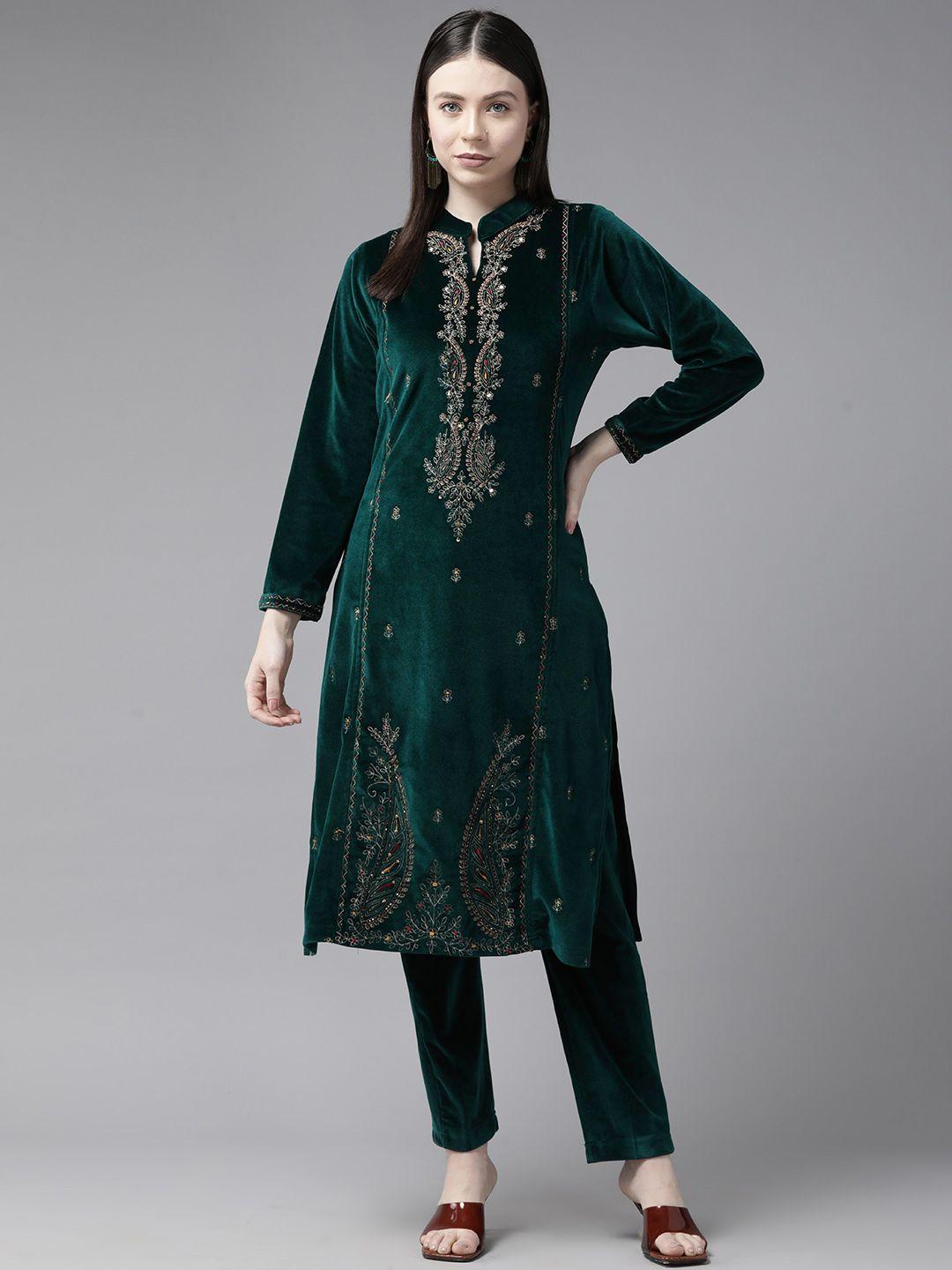 cayman ethnic motifs embroidered zari regular velvet kurta with trousers
