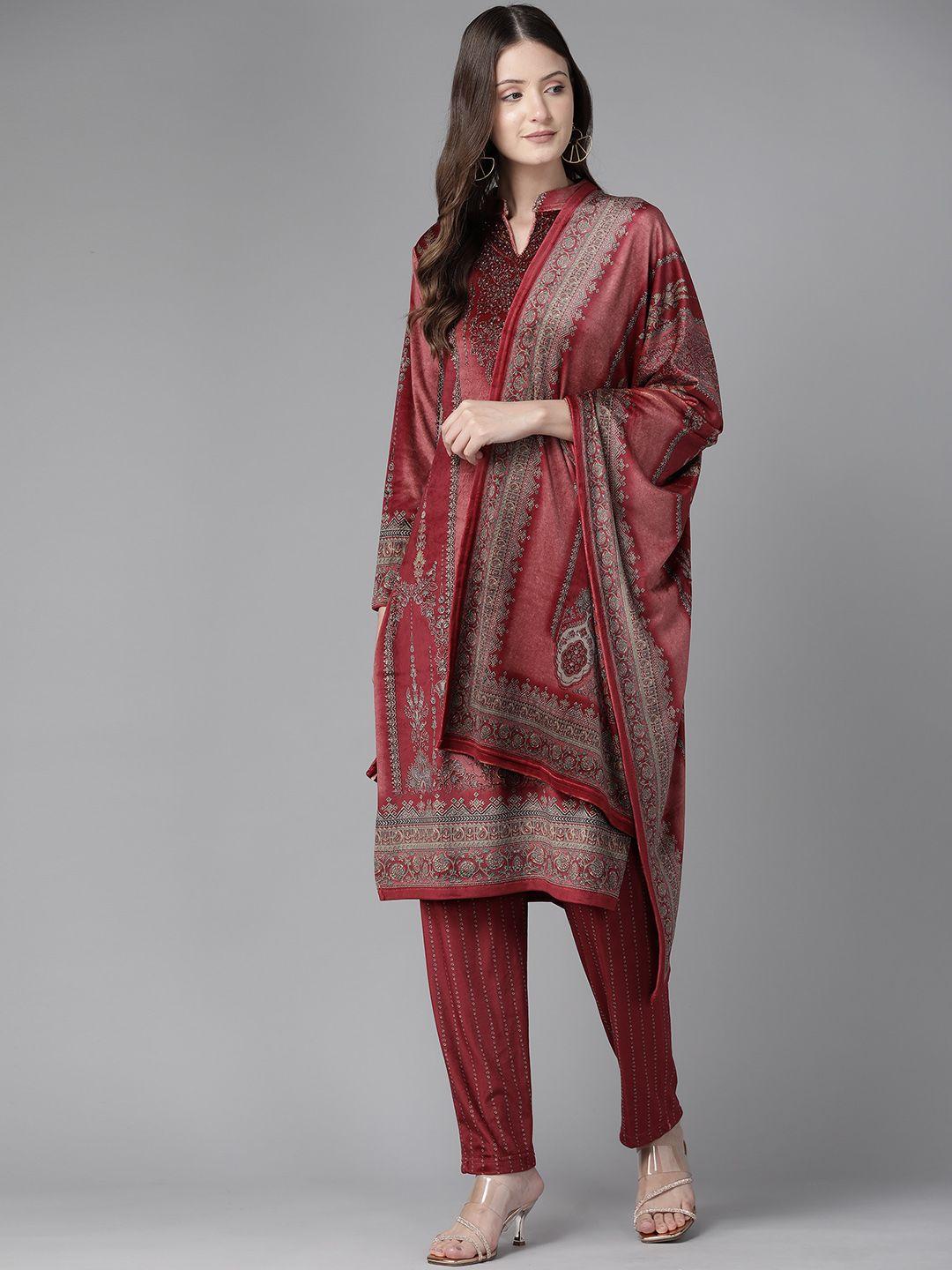 cayman ethnic motifs printed beads & stones pure wool kurta with trousers & dupatta