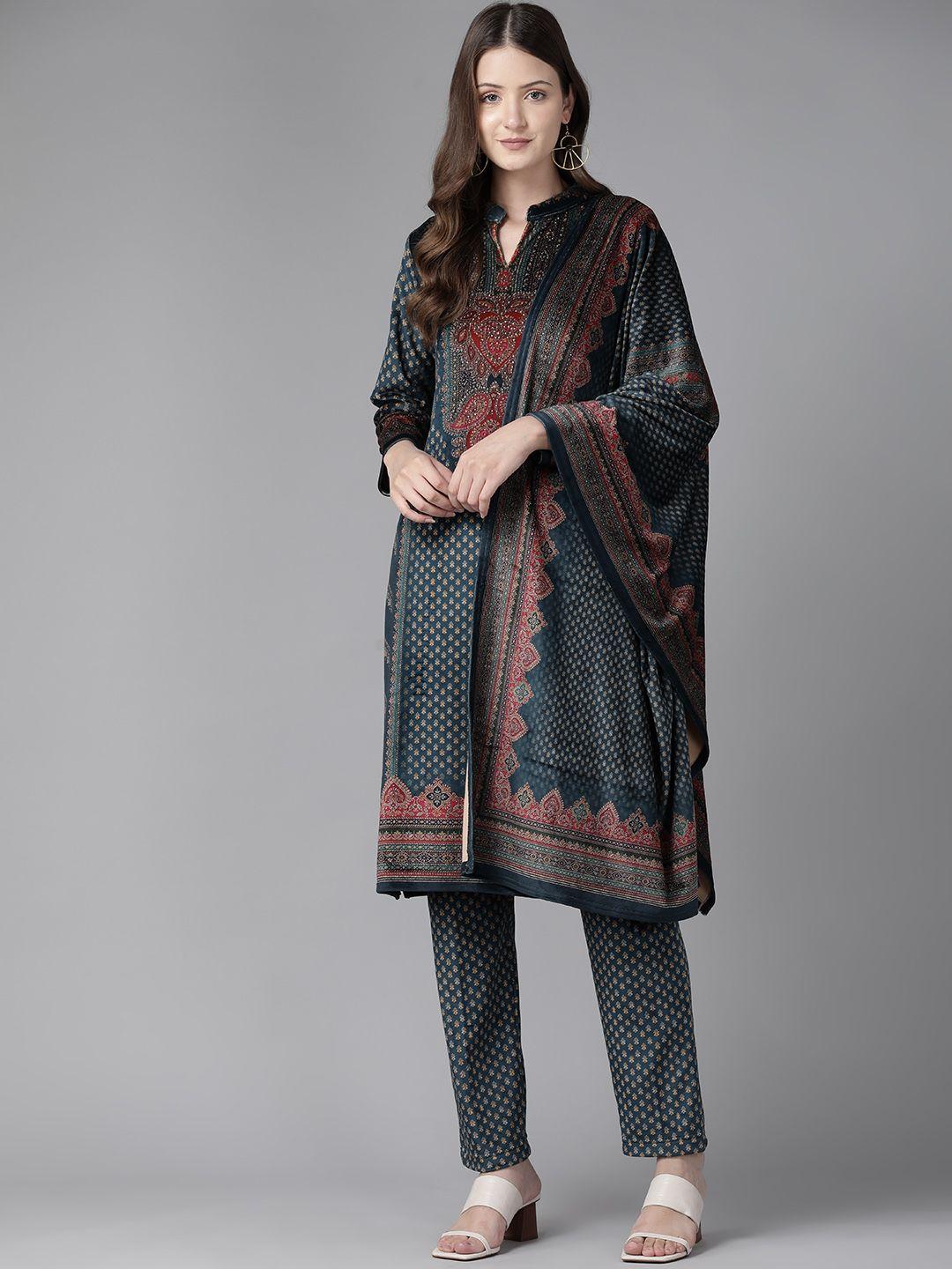 cayman ethnic motifs printed beads & stones pure wool kurta with trousers & dupatta