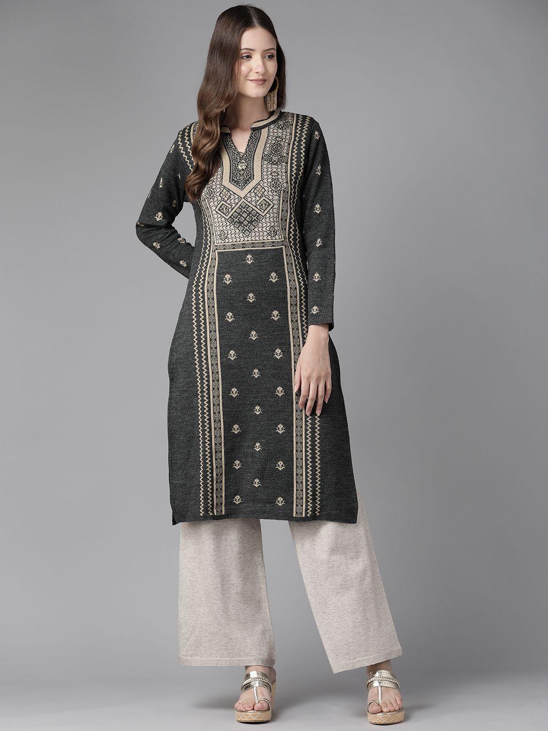 cayman ethnic motifs printed panelled woollen kurta