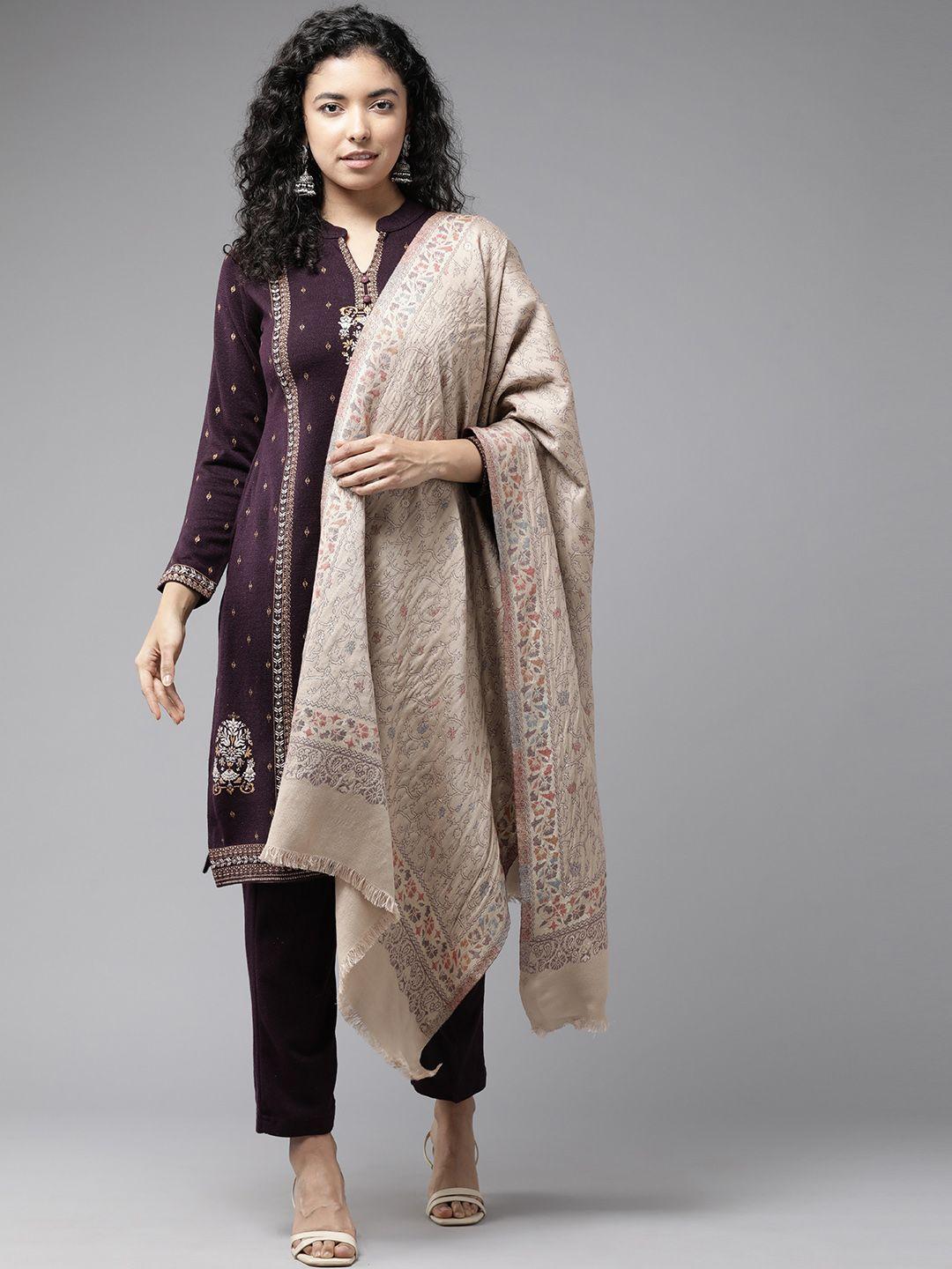 cayman ethnic motifs printed pure wool kurta with trousers & dupatta