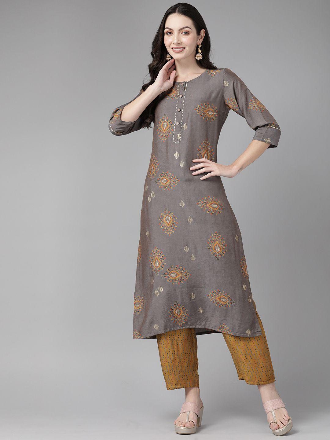 cayman ethnic motifs printed regular gotta patti pure cotton kurta with trousers