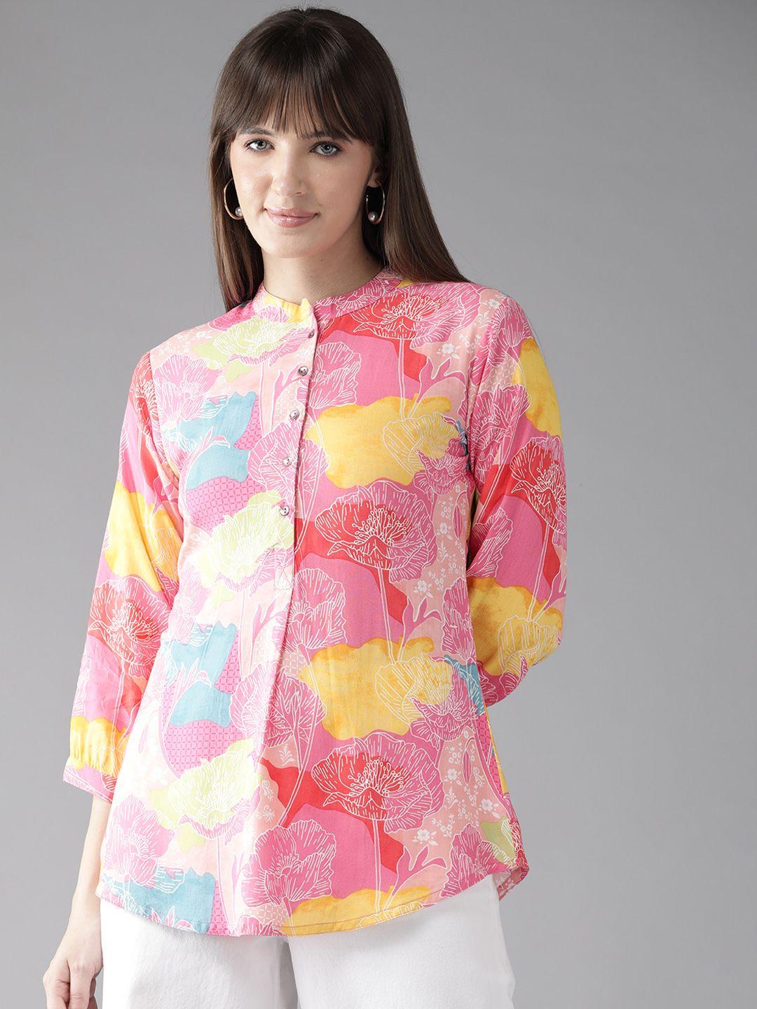 cayman floral print mandarin collar longline ethnic top