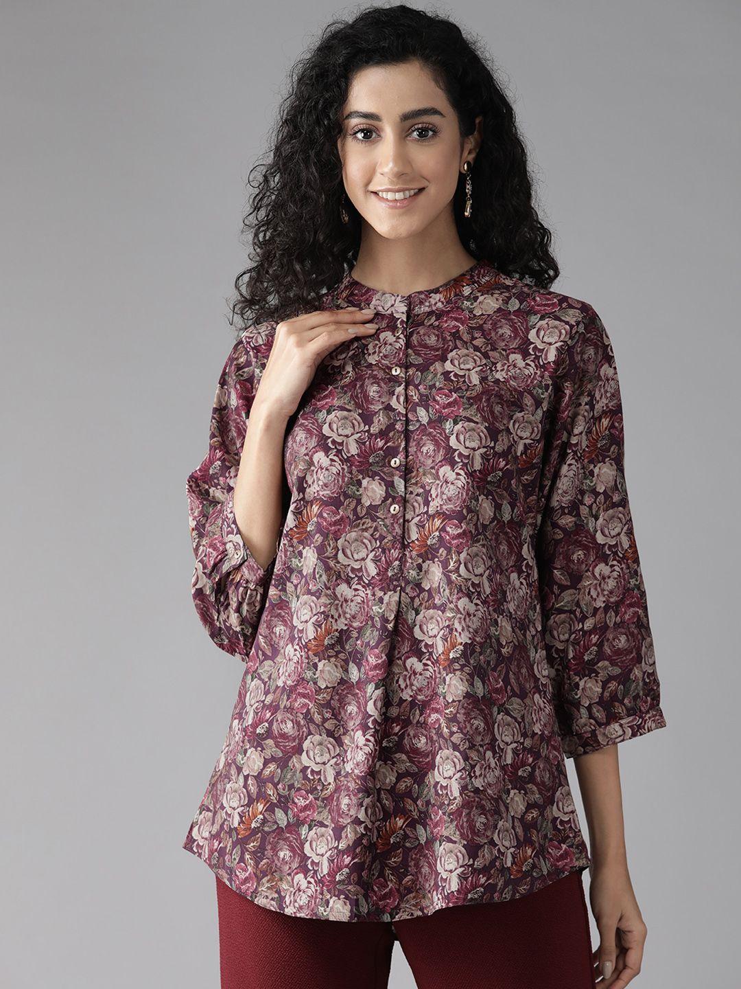 cayman floral print mandarin collar longline ethnic top