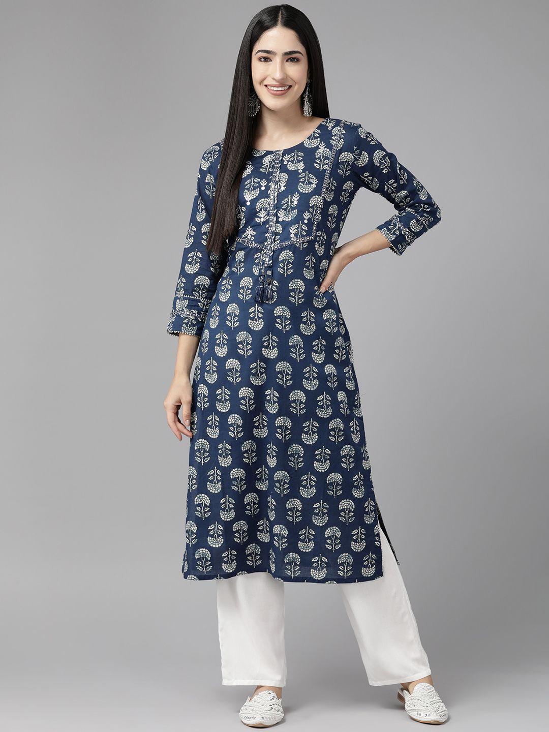 cayman floral printed mirror work pure cotton kurta