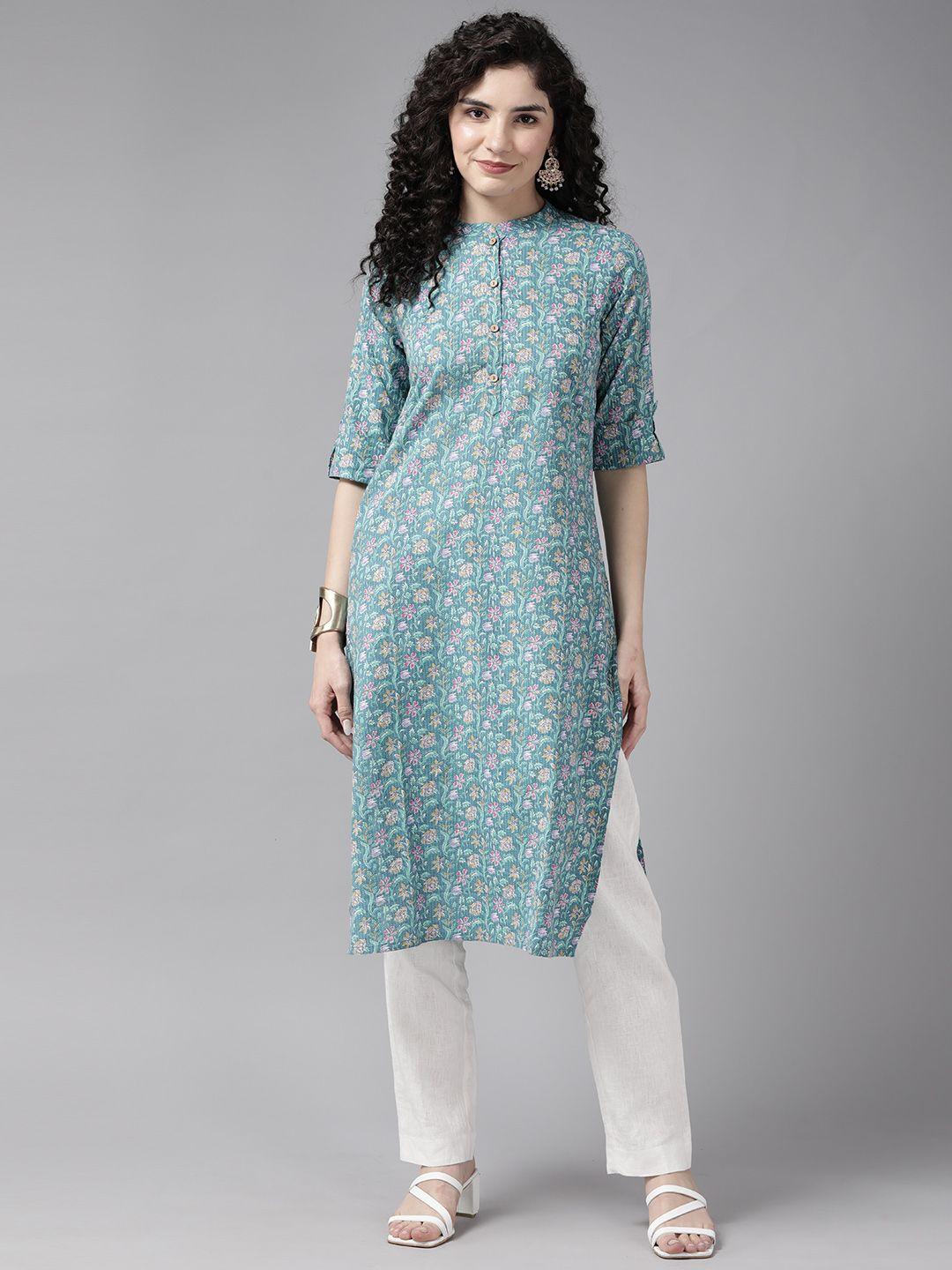 cayman floral printed thread work kurta