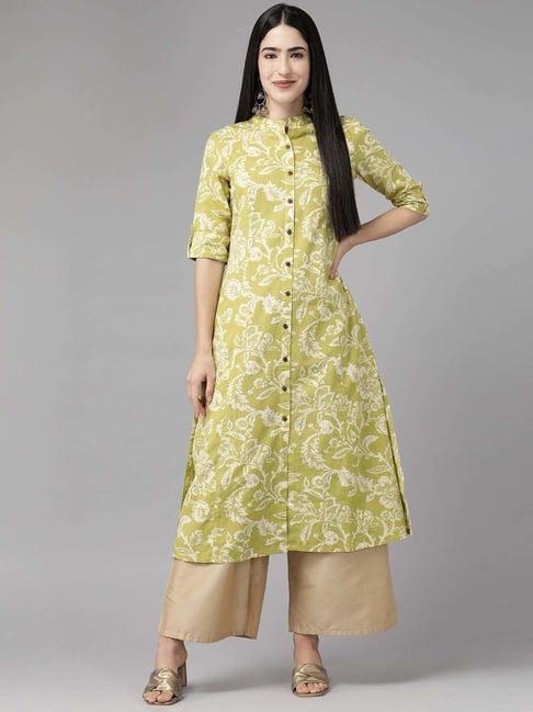 cayman green cotton floral print a line kurta