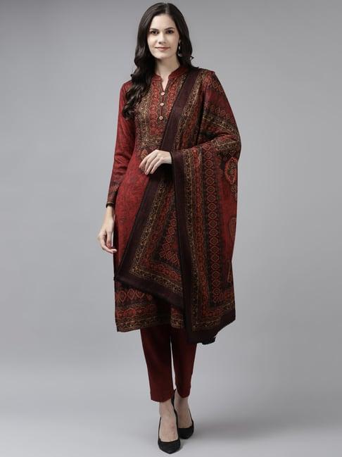 cayman maroon wool printed kurta with trousers & dupatta