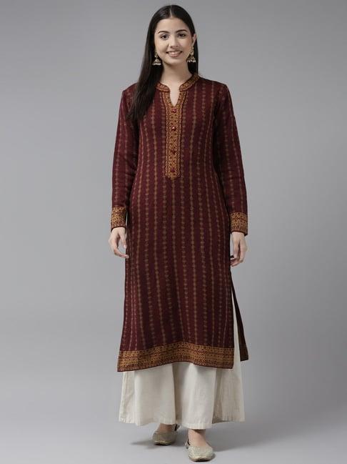 cayman maroon wool striped straight kurta