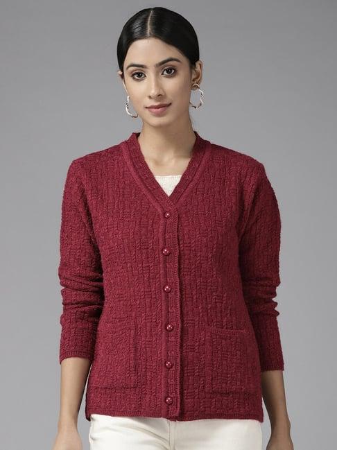 cayman maroon woolen cable knit cardigan