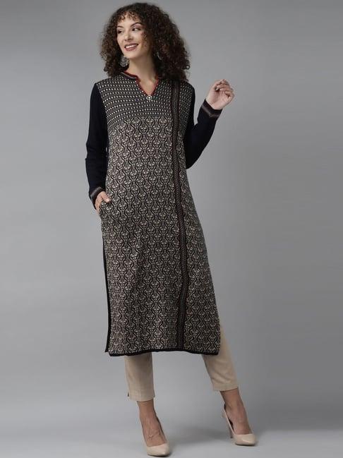 cayman navy & beige wool printed straight kurta