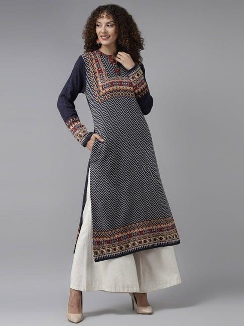 cayman navy wool printed straight kurta