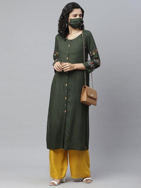 cayman olive green cotton embroidered straight kurta with mask