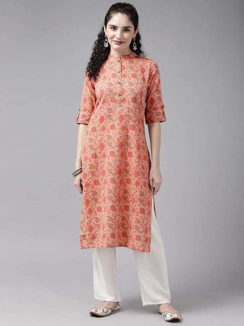 cayman orange cotton floral print straight kurta