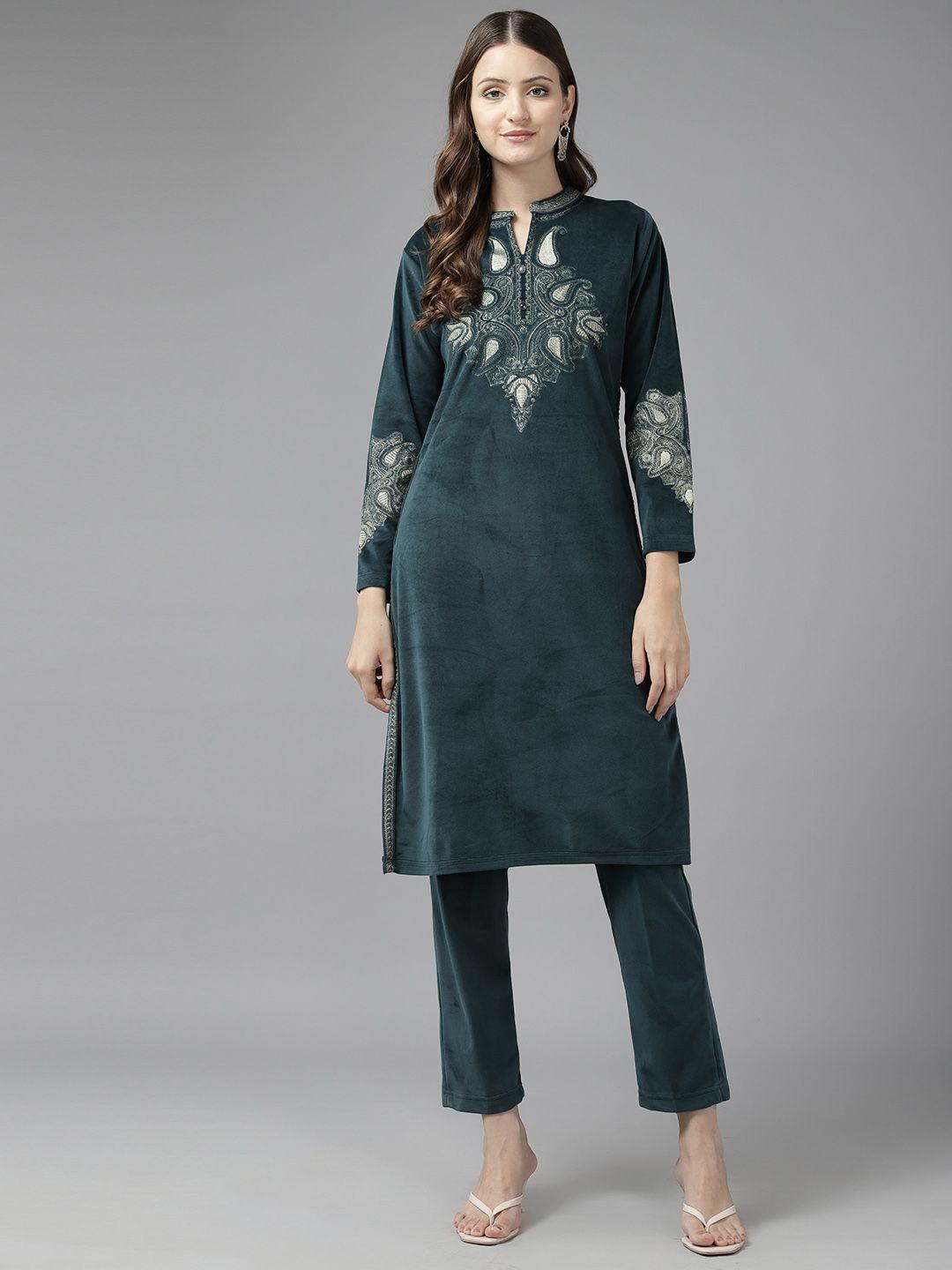 cayman paisley embroidered regular zari velvet kurta with trousers