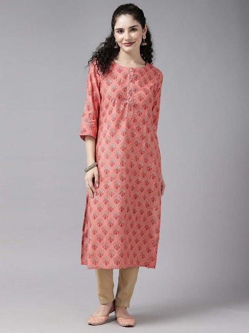 cayman peach cotton floral print straight kurta