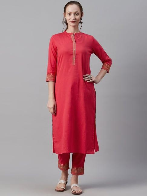 cayman pink cotton embroidered kurta pant set