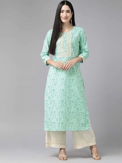 cayman sea green cotton floral print straight kurta