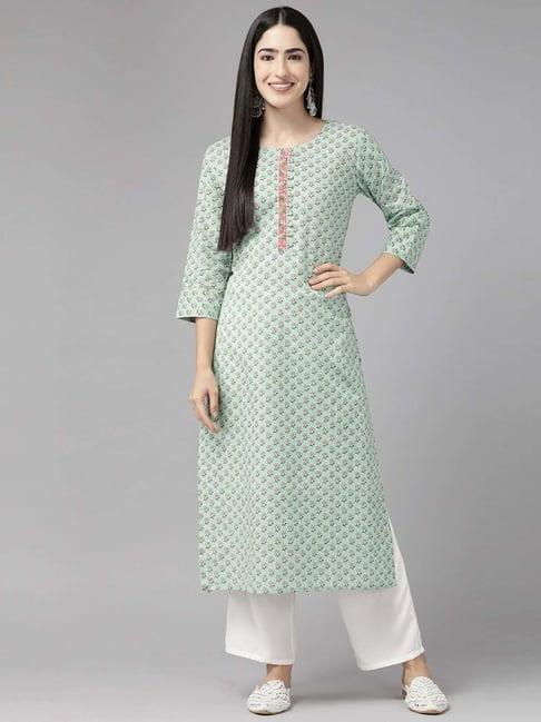 cayman sea green cotton floral print straight kurta