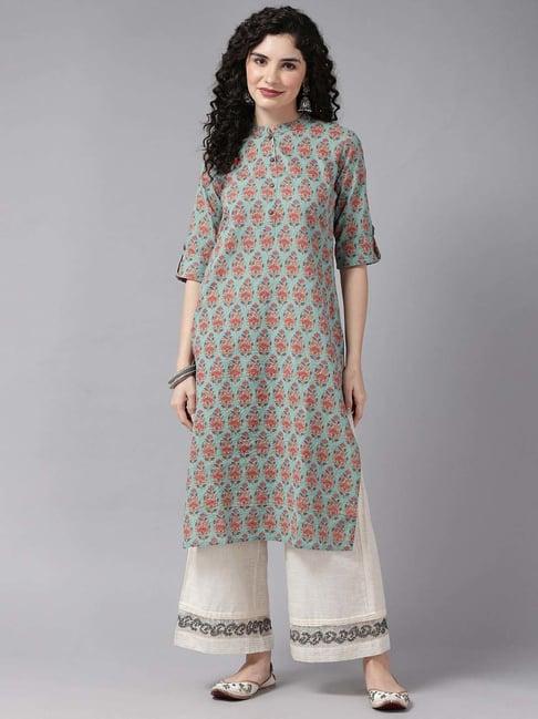 cayman sea green cotton floral print straight kurta