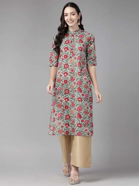 cayman sea green cotton floral print straight kurta