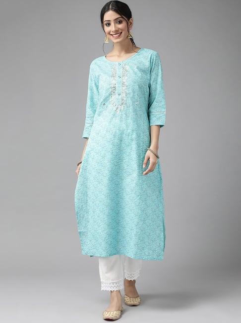 cayman turquoise printed straight kurta