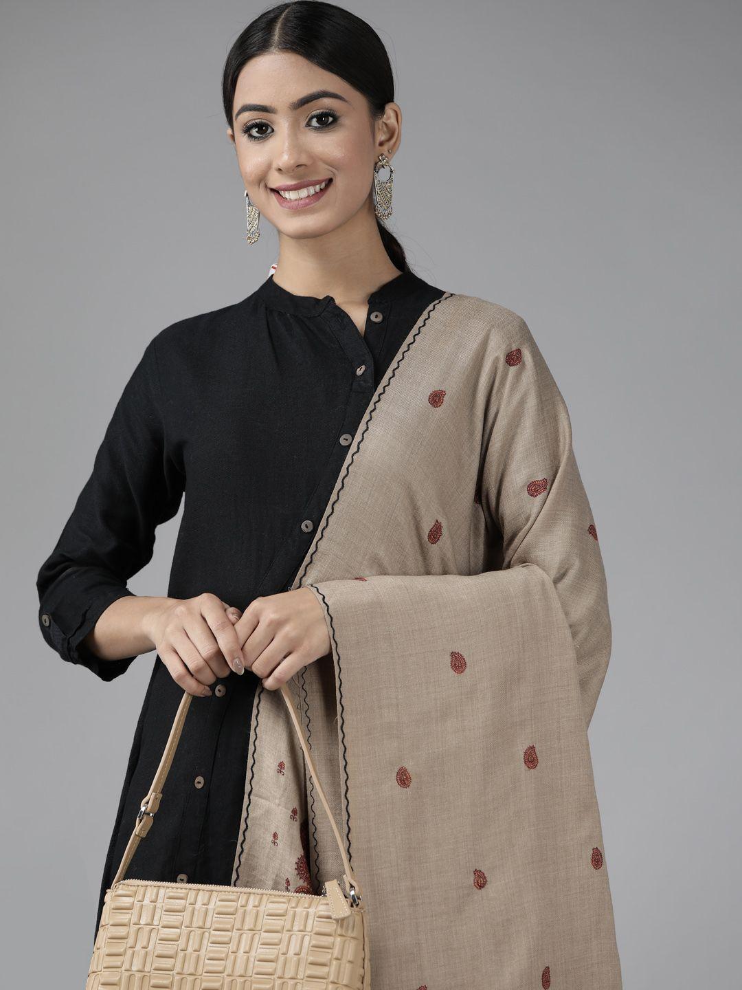 cayman women beige & black embroidered knitted shawl