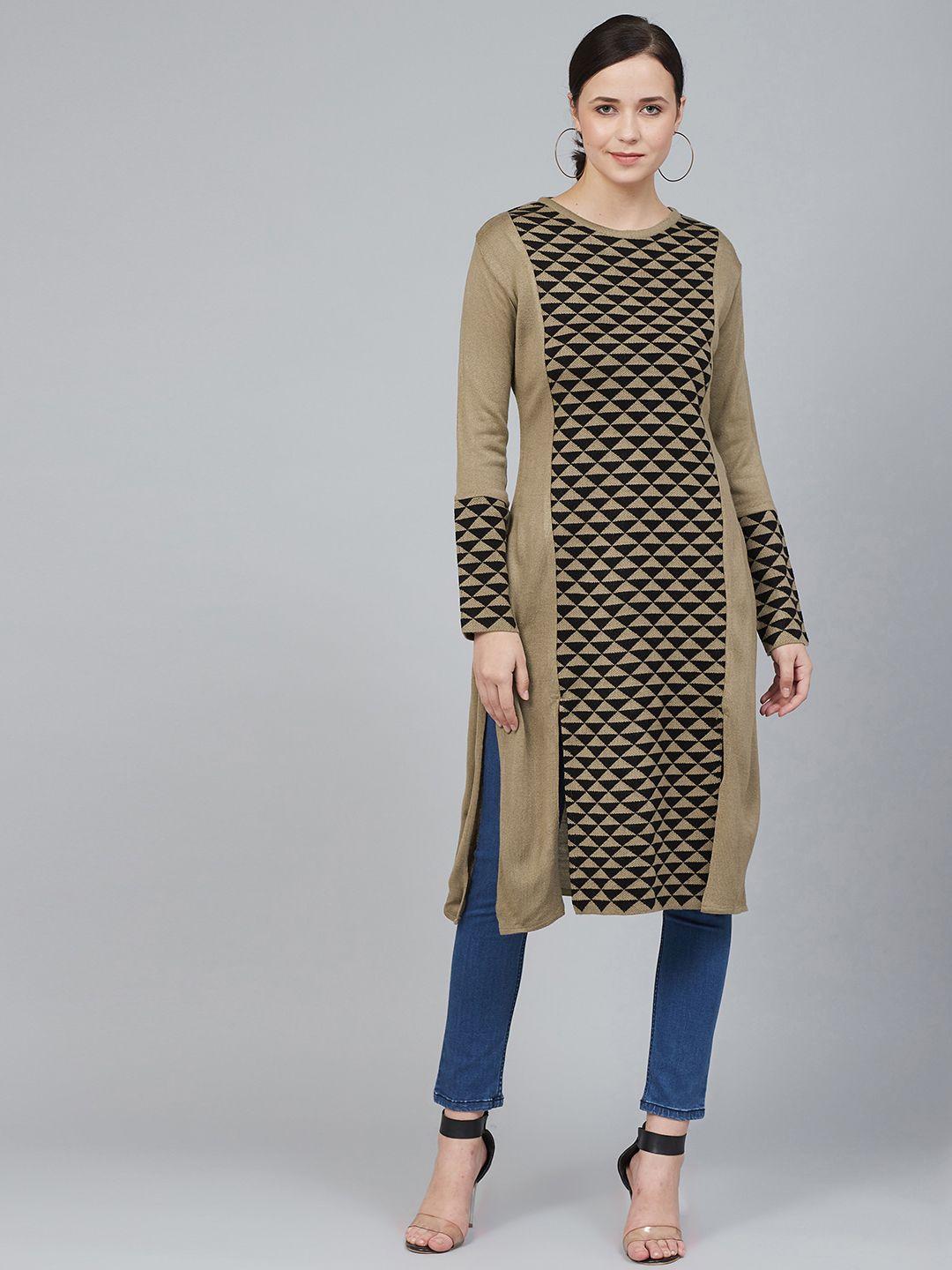 cayman women beige & black woven design woollen knitted straight kurta