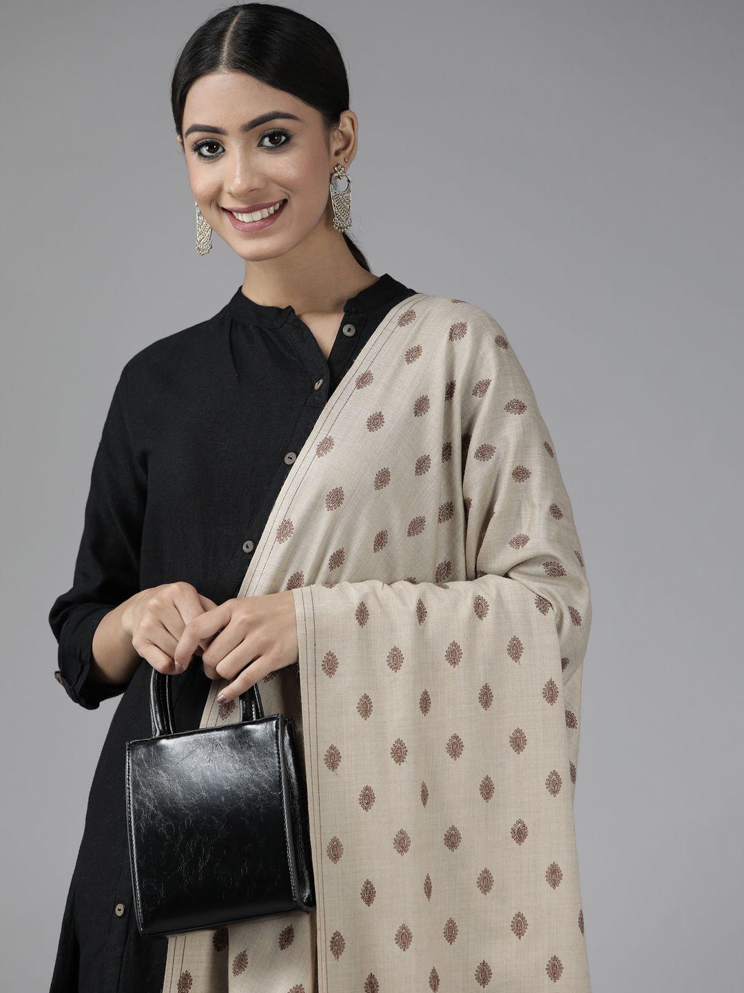 cayman women beige & brown ethnic motifs knitted shawl