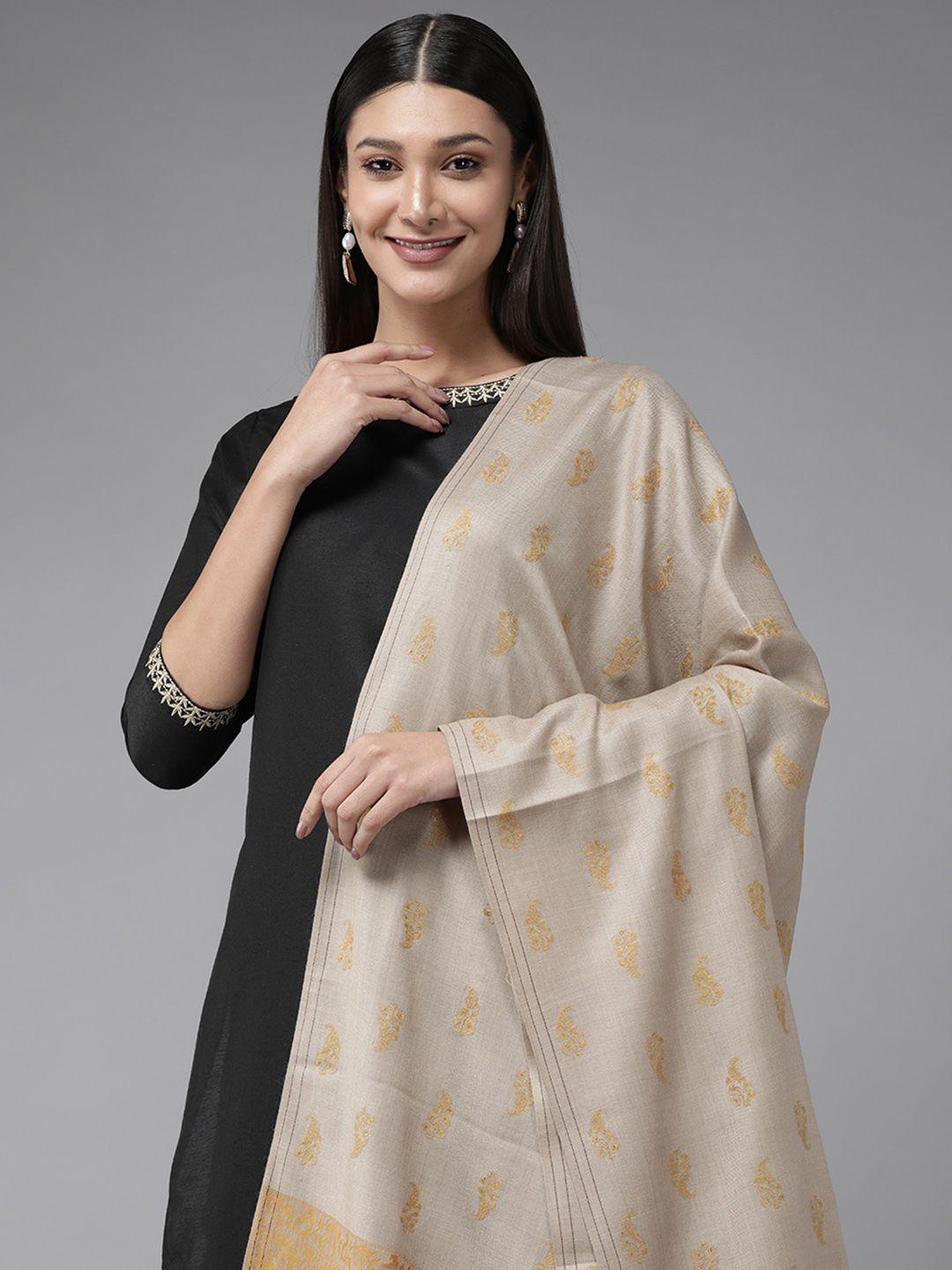 cayman women beige & mustard yellow printed woollen shawl