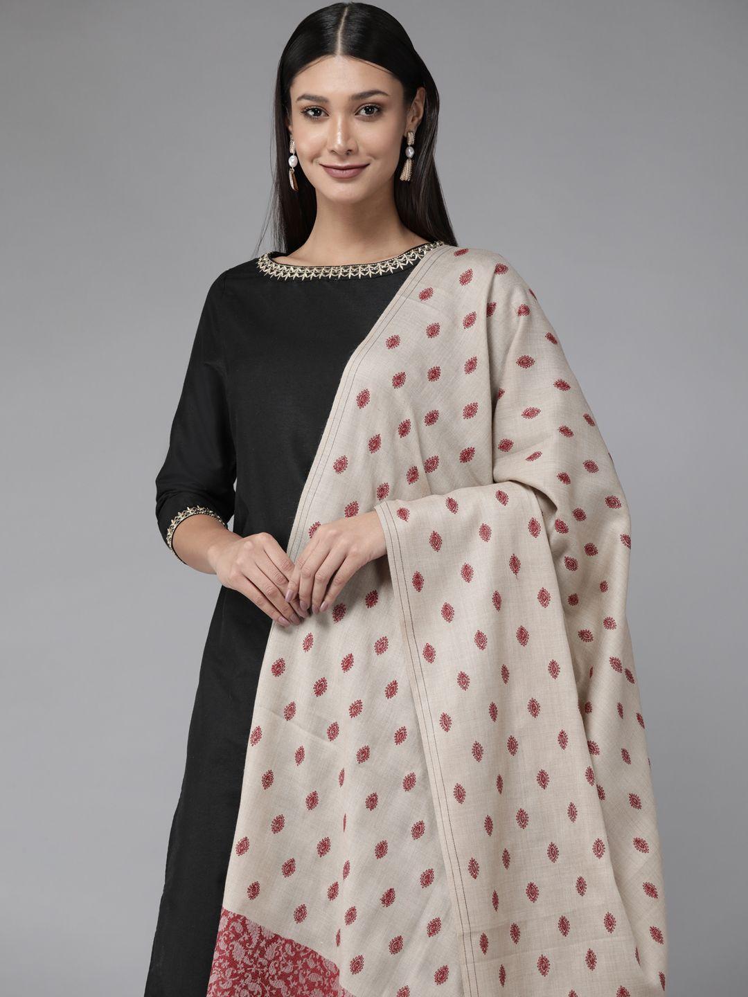 cayman women beige & pink printed woollen shawl