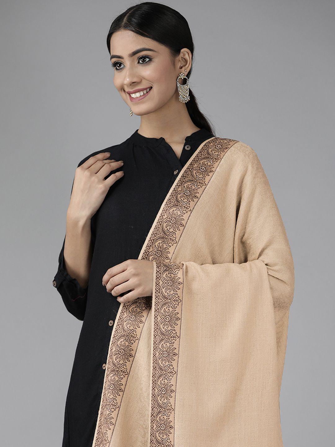 cayman women beige ethnic motif woollen shawl