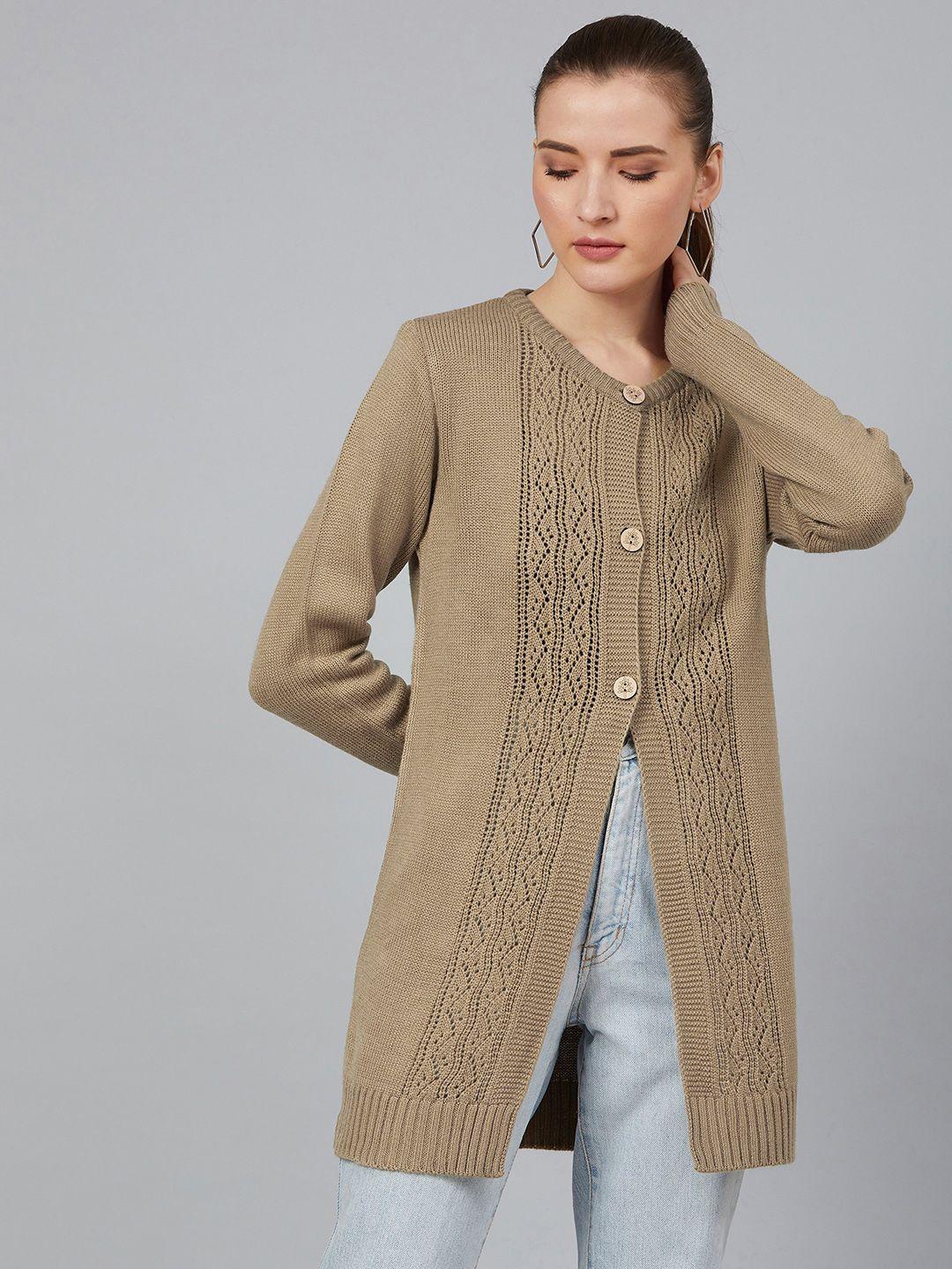 cayman women beige self design longline cardigan