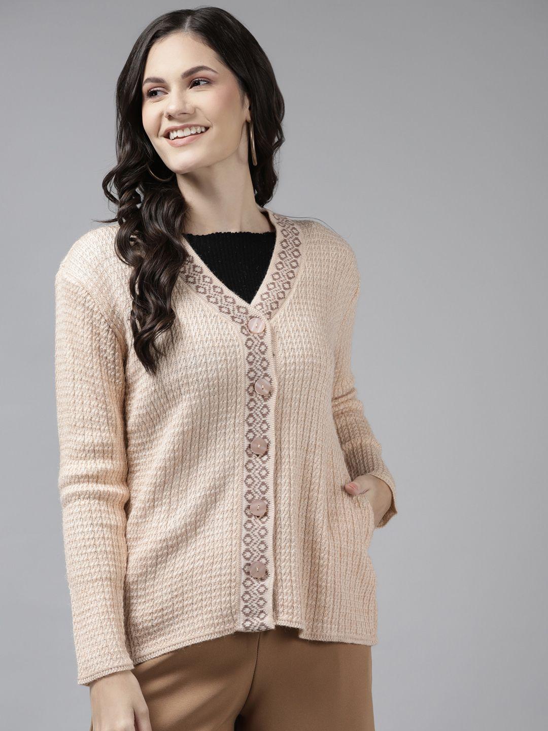 cayman women beige striped woollen cardigan