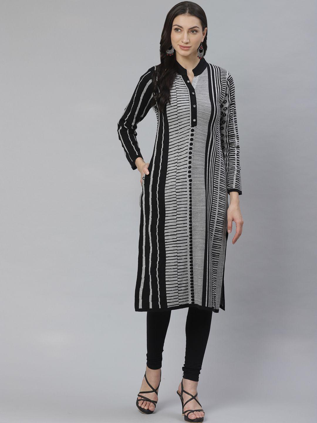 cayman women black & grey striped straight kurta