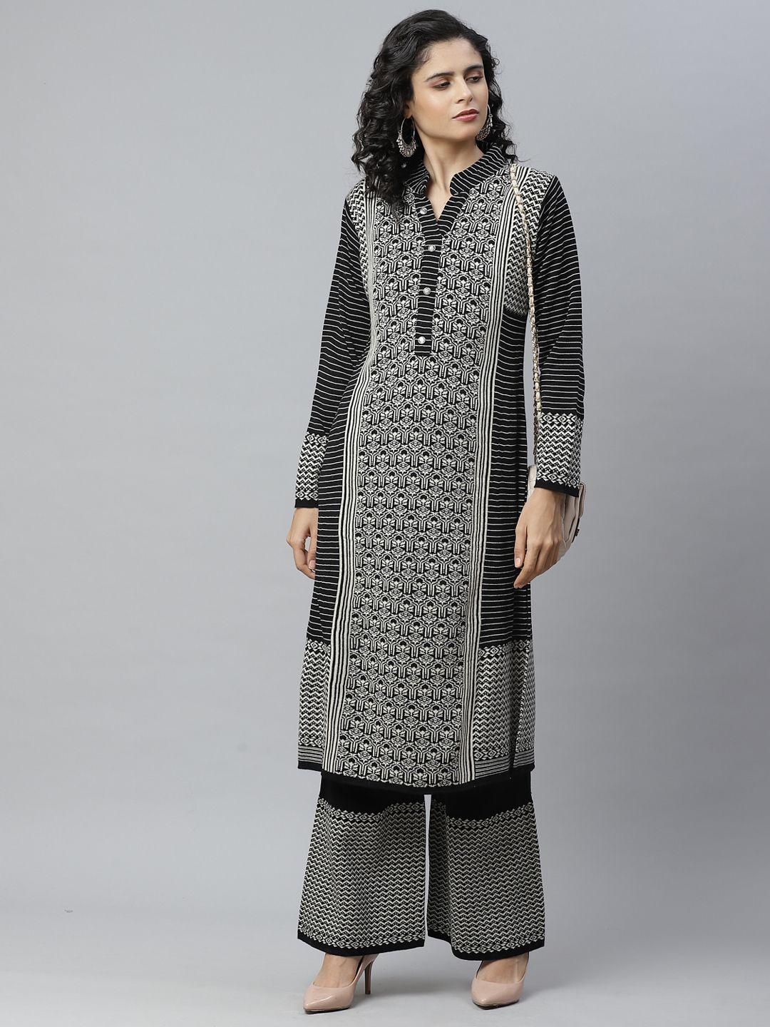 cayman women black & off-white woven design pure wool winter kurta with palazzos
