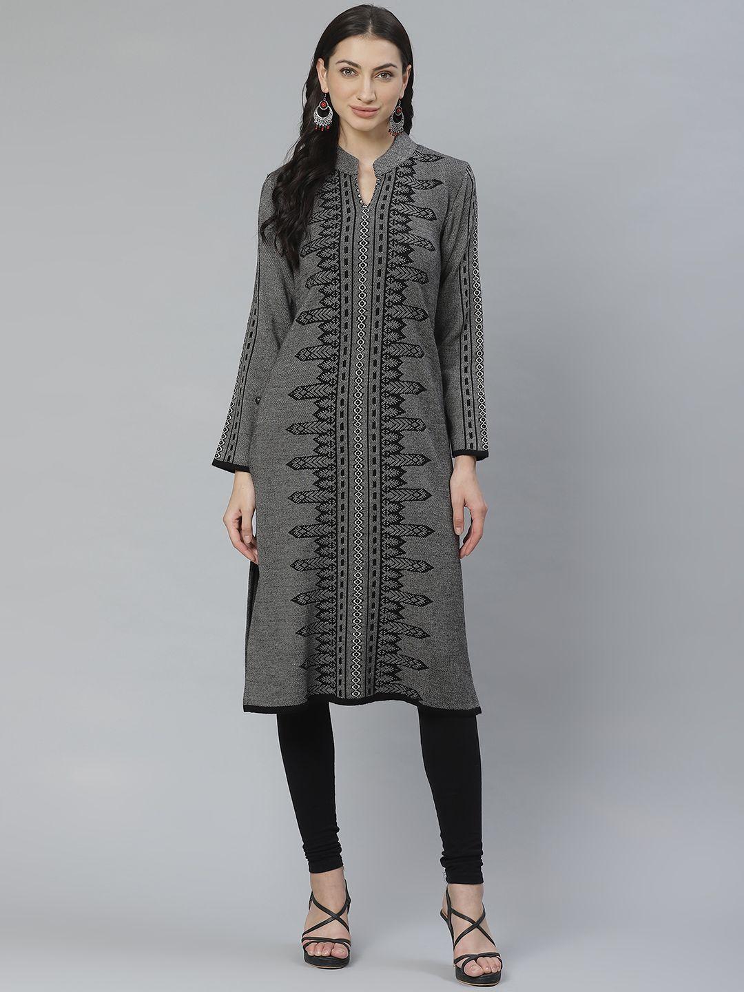 cayman women black & white woven design woollen straight winter kurta