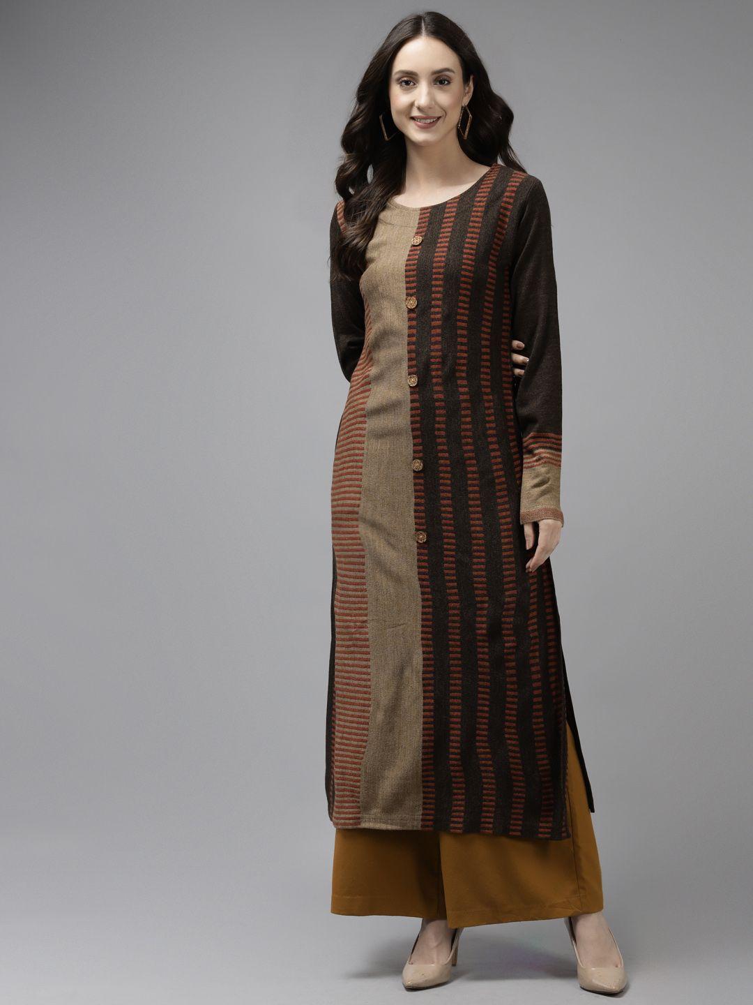 cayman women brown & beige knitted woollen striped winter kurta