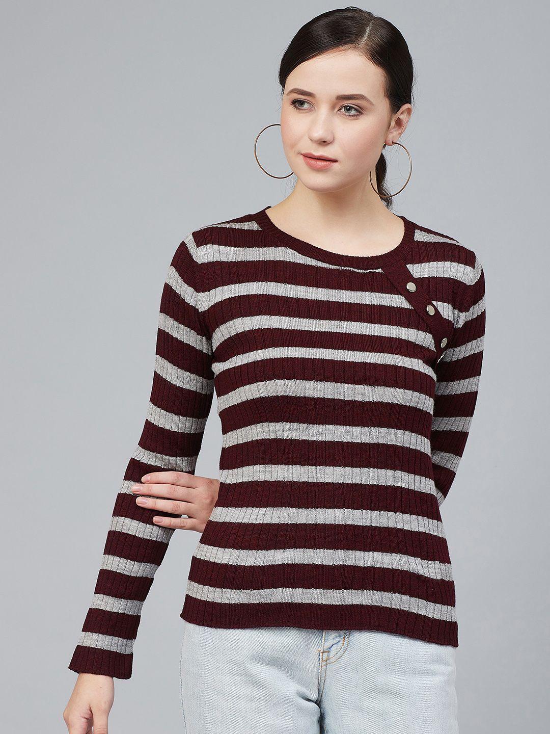 cayman women burgundy & grey melange striped pullover acrylic sweater