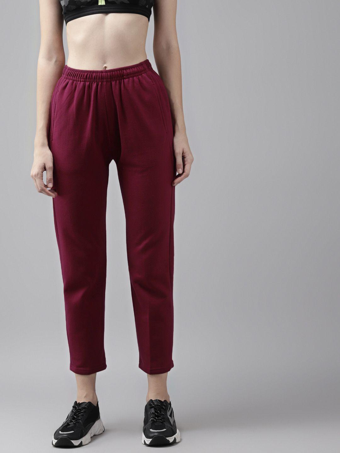 cayman women burgundy solid pure cotton straight fit cropped track pants