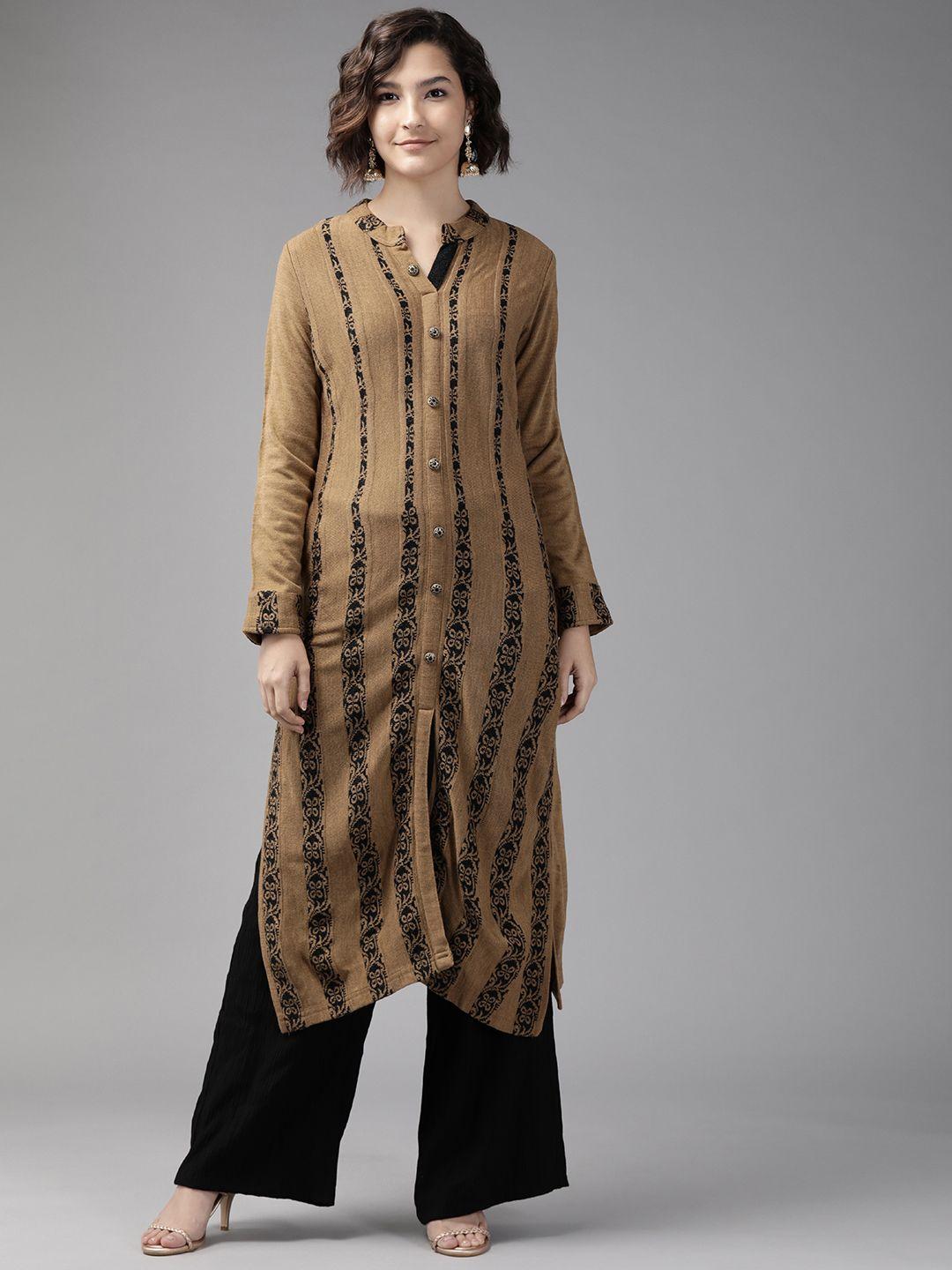 cayman women camel brown & black woollen striped winter kurta