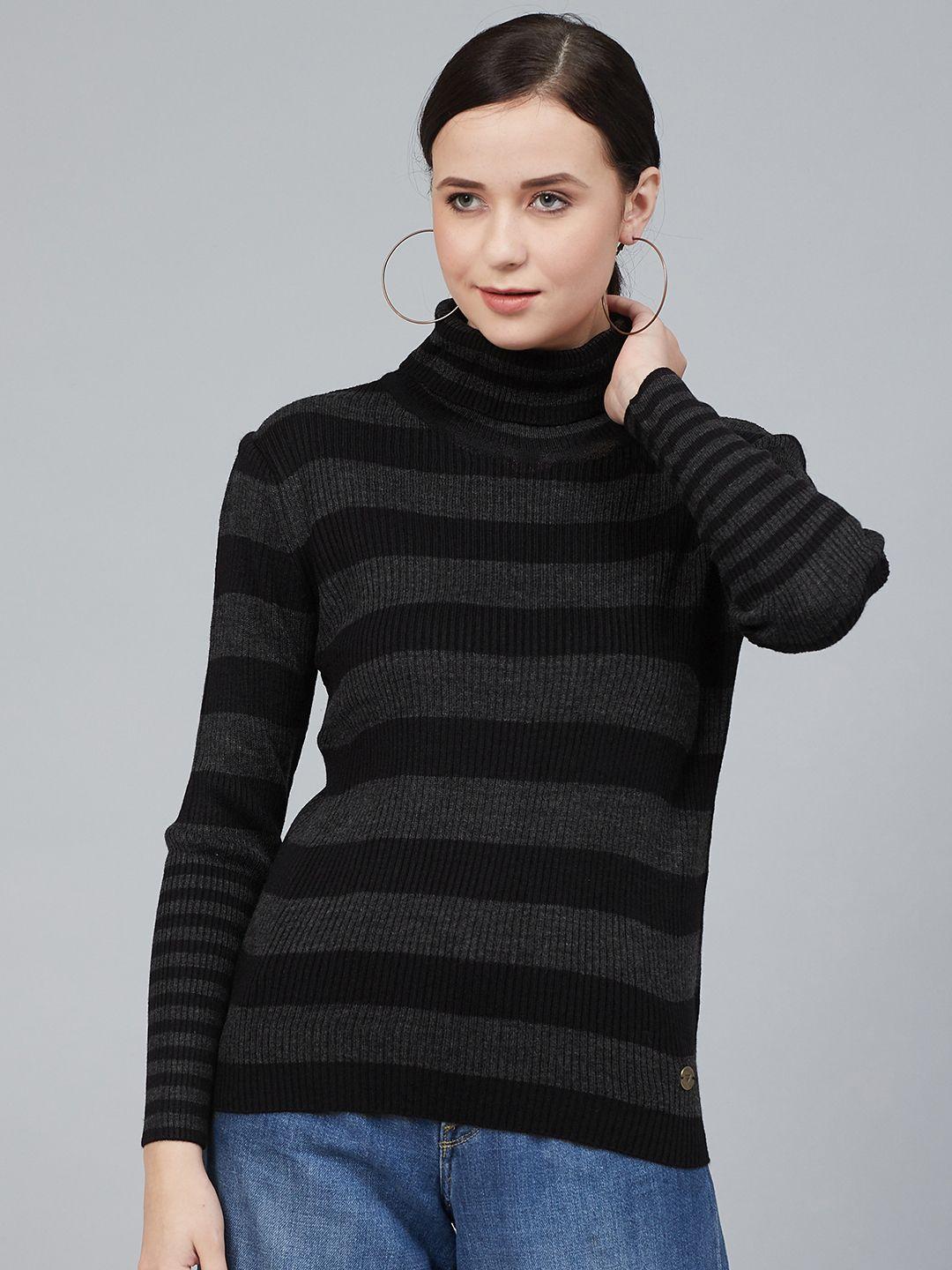 cayman women charcoal grey & black striped pullover sweater