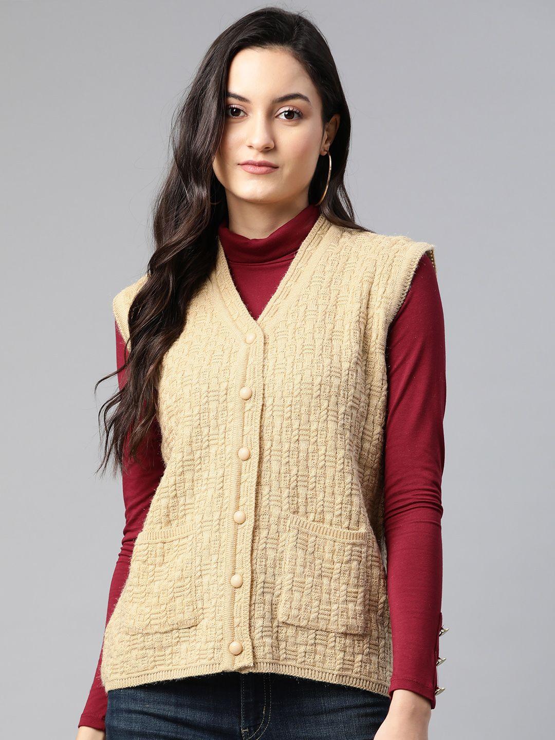 cayman women cream-coloured self design woollen cardigan