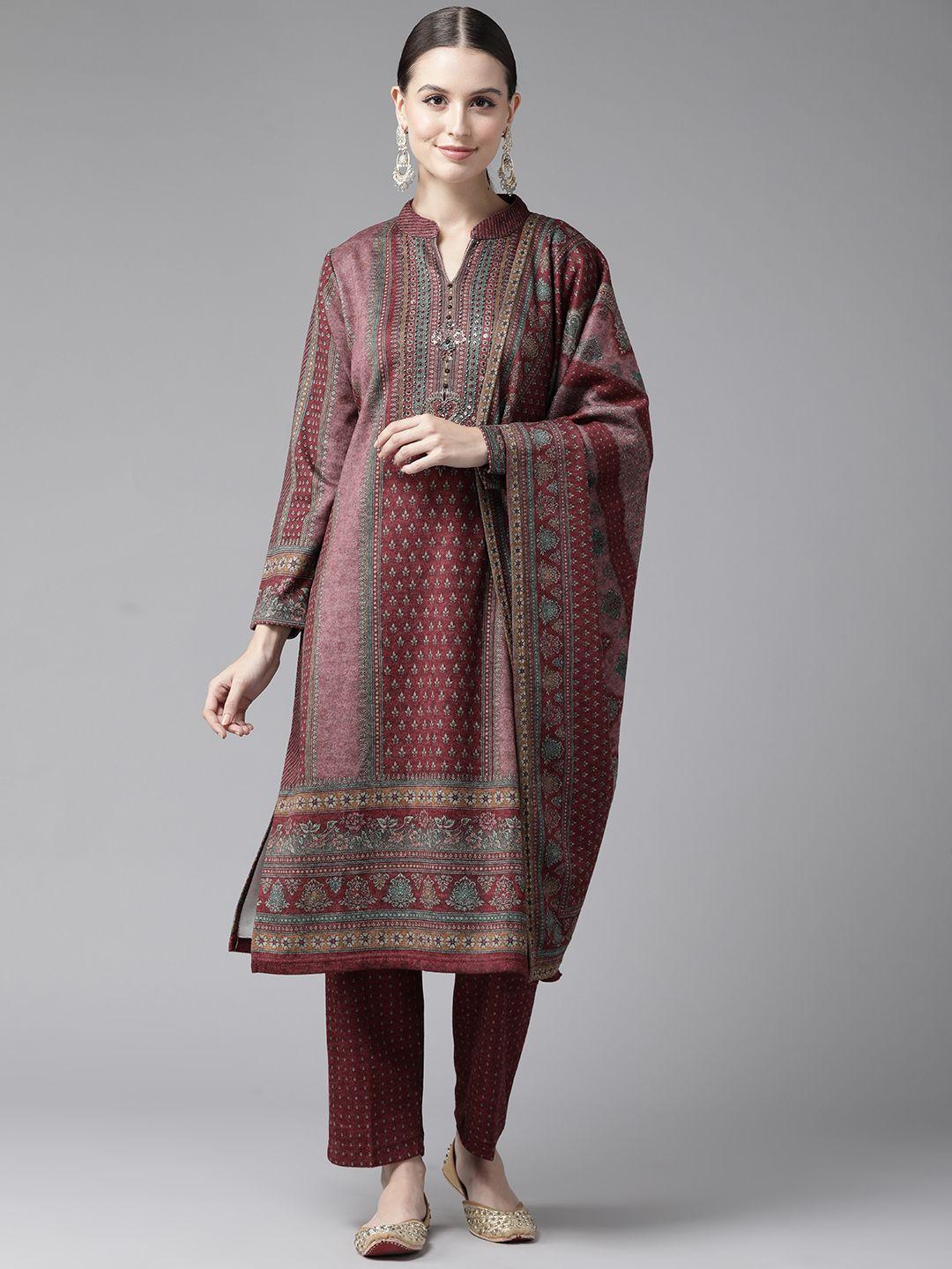 cayman women ethnic motifs printed beads and stones wool kurta with trousers & dupatta