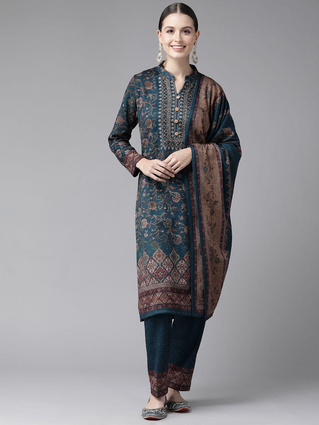 cayman women floral printed regular sequinned pure wool kurta with trousers & with dupatta