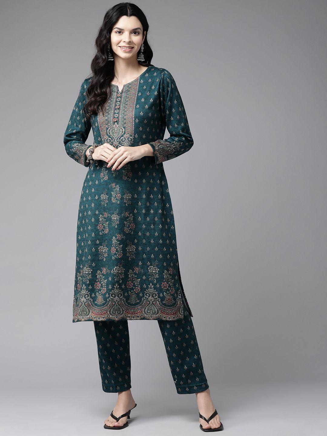 cayman women floral printed regular sequinned pure wool kurta with trousers
