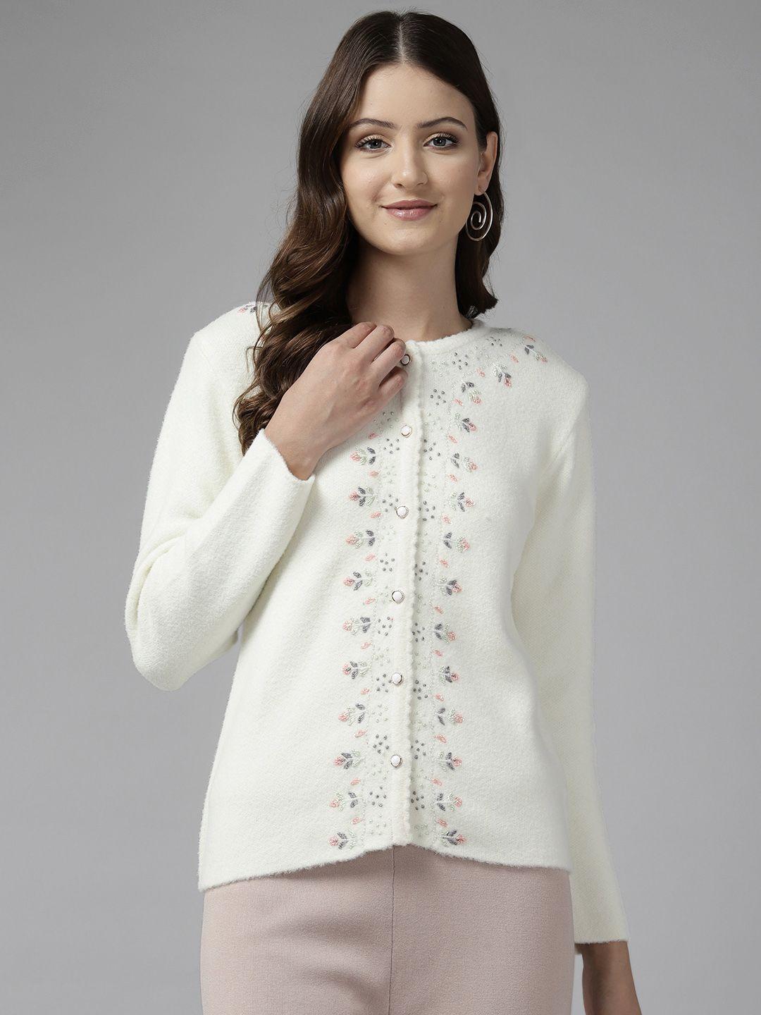 cayman women floral woollen cardigan with embroidered detail