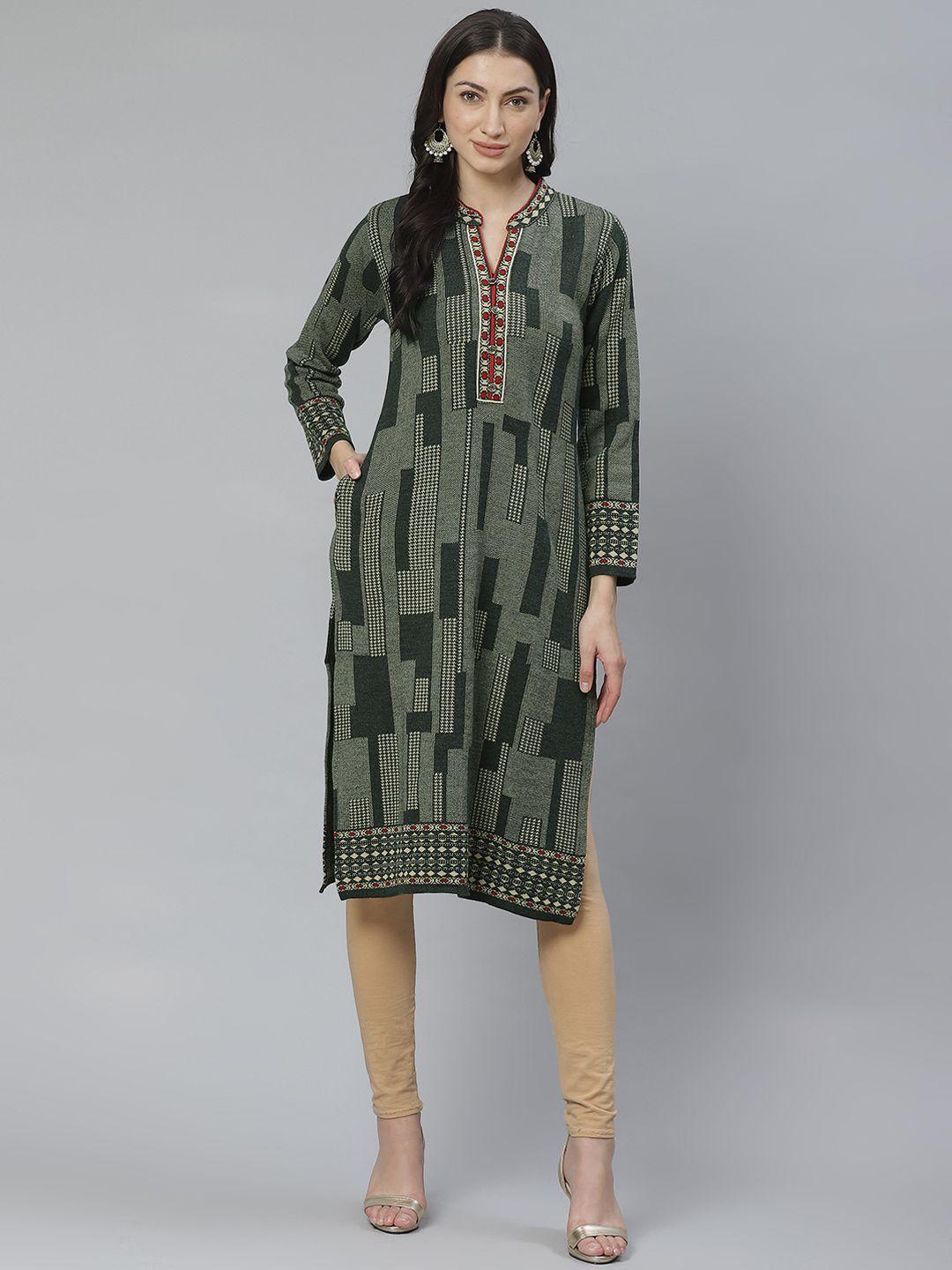 cayman women green & off-white woven design straight kurta