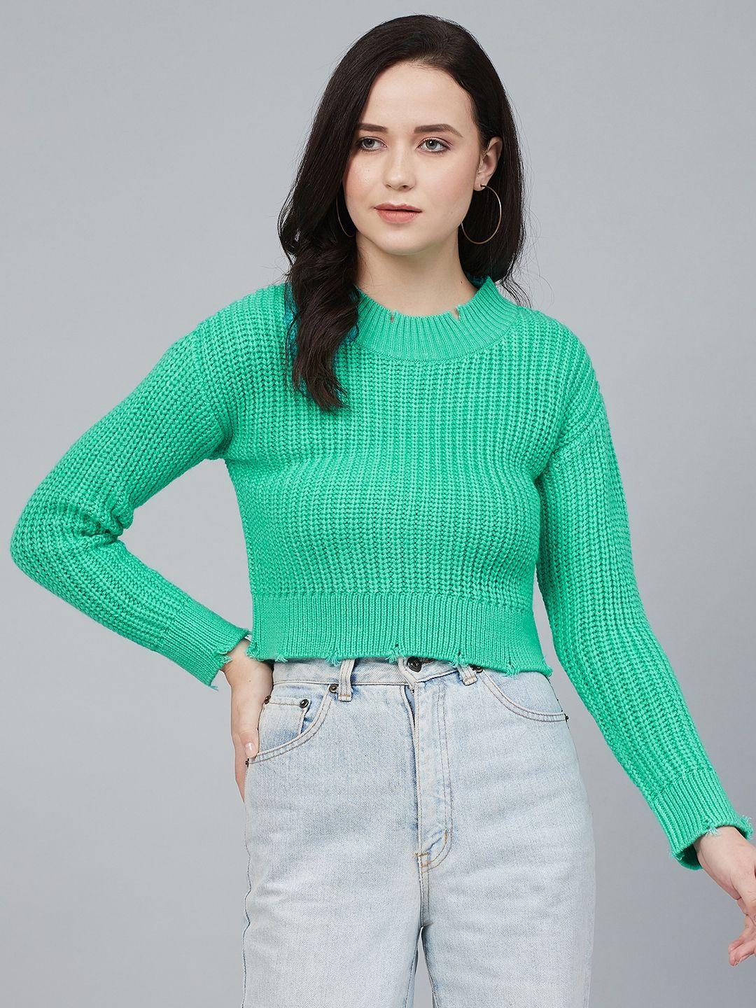 cayman women green ribbed crop acrylic pullover sweater