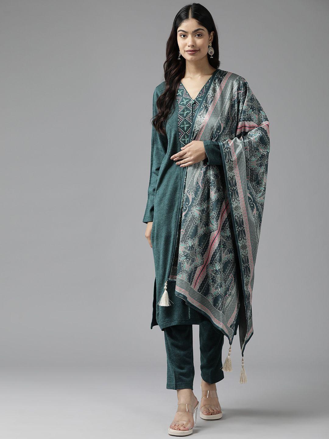 cayman women green yoke design regular pure wool kurta with trousers & with dupatta